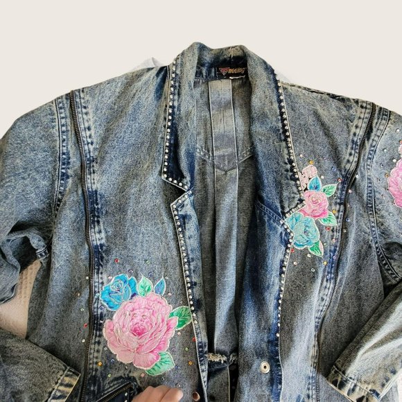 Vintage Embroidered Long Denim Jacket Blazer Zip Accent Woman's Size XL LH8009 - Picture 12 of 14